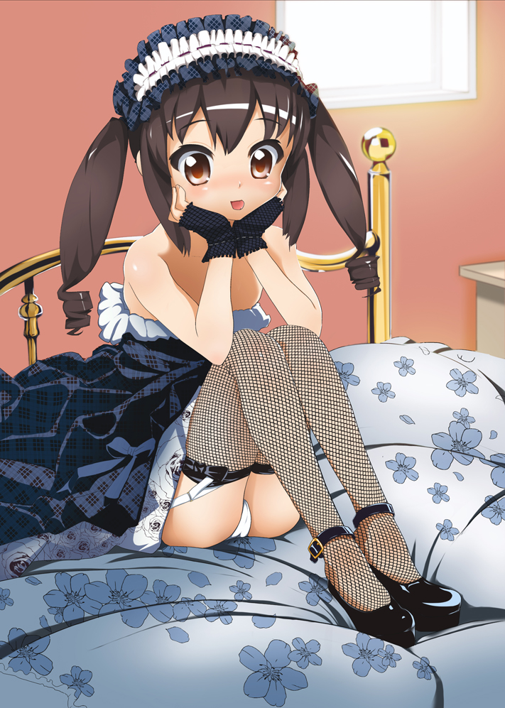 1girl bed black_hair brown_eyes drill_hair fingerless_gloves fishnets gloves gothic_lolita k-on! lolita_fashion long_hair murasaki_orange nakano_azusa panties pantyshot pantyshot_(sitting) sitting solo thigh-highs twintails underwear white_panties