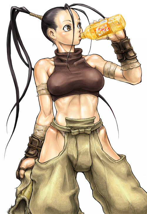 1girl black_hair breasts capcom female hip_vent ibuki_(street_fighter) kari_(artist) long_hair muscle ninja ponytail shirt solo street_fighter street_fighter_iii taut_clothes taut_shirt