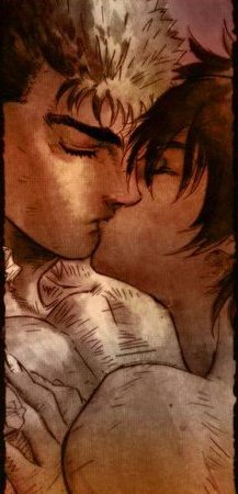 1boy 1girl 90s berserk black_hair casca couple guts kiss lowres nude short_hair