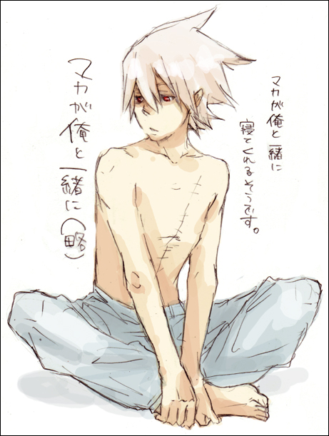1boy barefoot feet hands_on_feet indian_style katsura_miya male_focus scar shirtless sitting sketch solo soul_eater soul_eater_(character) topless translation_request white_hair