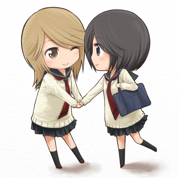 2girls bad_id chibi girl_friends_(manga) hand_holding kumakura_mariko multiple_girls naraken_(girlfriends) oohashi_akiko wink yuri