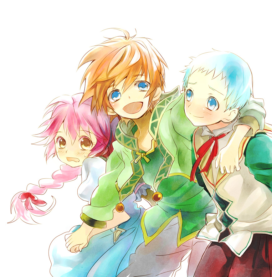 1girl 2boys asbel_lhant blue_eyes blue_hair braid brown_eyes brown_hair cheria_barnes green_shirt hubert_ozwell mooche multiple_boys pink_hair shirt tales_of_(series) tales_of_graces white_background younger