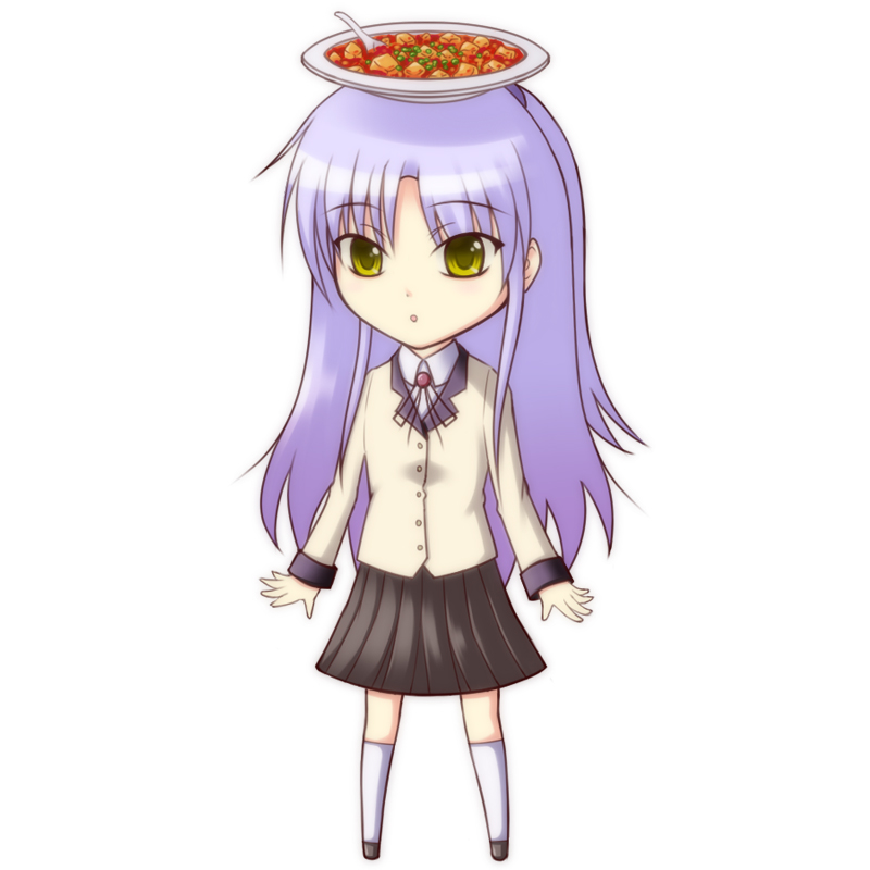 :o angel_beats! chibi long_hair mapo_doufu neon_(neonknight) object_on_head purple_hair school_uniform simple_background tachibana_kanade white_hair yellow_eyes