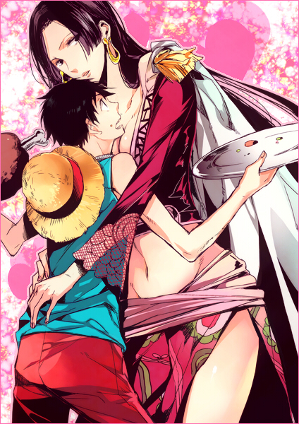 1boy 1girl age_difference amazon_lily black_hair boa_hancock breasts cleavage earrings eating food futaba_hazuki hat heart height_difference hug jewelry long_hair meat midriff monkey_d_luffy one_piece plate shichibukai straw_hat
