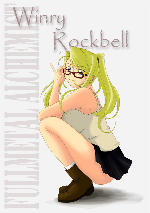 00s 1girl ass bespectacled blonde_hair blue_eyes character_name fullmetal_alchemist glasses long_hair looking_at_viewer miniskirt ponytail shatla shoes skirt smile solo squatting text winry_rockbell