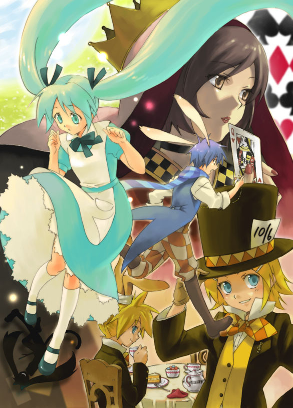 2boys 3girls alice_(wonderland) alice_(wonderland)_(cosplay) alice_in_wonderland cosplay hatsune_miku kagamine_len kagamine_rin kaito mad_hatter mad_hatter_(cosplay) meiko multiple_boys multiple_girls queen_of_hearts queen_of_hearts_(cosplay) vocaloid white_rabbit white_rabbit_(cosplay)