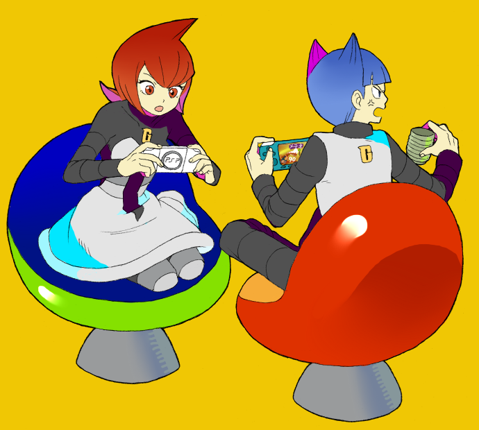 1boy 1girl bad_id blue_eyes blue_hair chair glucose handheld_game_console mars_(pokemon) pantyhose playing_games playstation_portable pokemon red_eyes redhead saturn_(pokemon) sitting team_galactic uniform