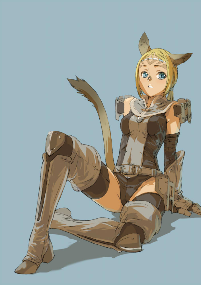 1girl animal_ears bad_id blonde_hair blue_eyes boots branch_(blackrabbits) final_fantasy final_fantasy_xi gloves mithra solo tail thigh-highs thigh_boots