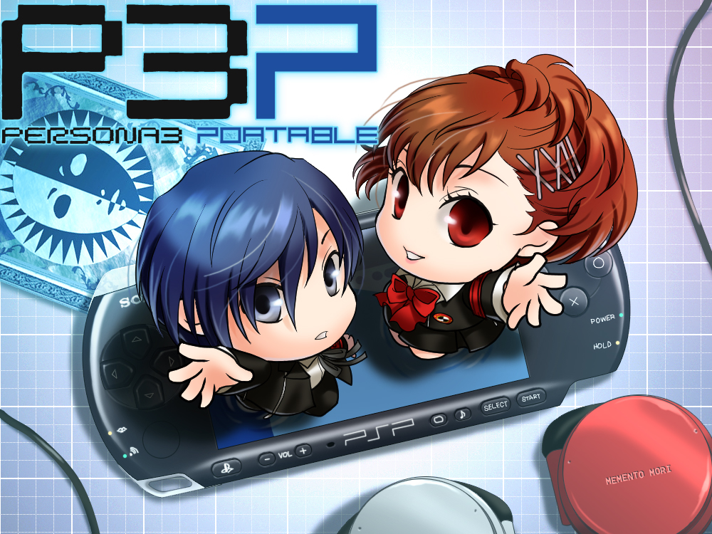 1boy 1girl arisato_minato atlus black_eyes blue_hair brown_eyes brown_hair card chibi female_protagonist_(persona_3) hair_ornament hairclip handheld_game_console headphones lying_card persona persona_3 persona_3_portable playstation_portable school_uniform through_screen tsugumi_suou yuuki_makoto