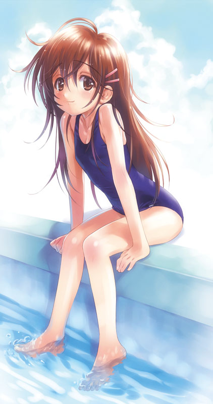 1girl arm_support barefoot blush brown_eyes brown_hair child clouds feet feet_in_water full_body goto_p hair_ornament hairclip hands leaning_forward long_hair looking_at_viewer narcissu one-piece_swimsuit outdoors pool poolside sakura_setsumi school_swimsuit setsumi_sakura sitting smile soaking_feet solo swimsuit very_long_hair water