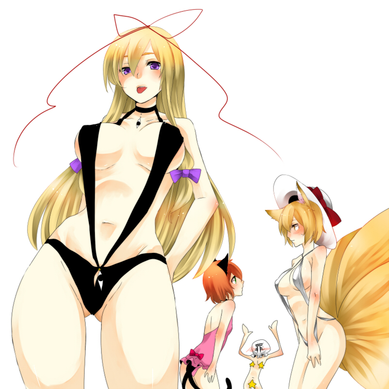 1boy 3girls animal_ears bad_id blonde_hair breasts cat_ears cat_tail chen female fox_ears fox_tail hat kyuubi large_breasts multiple_girls multiple_tails one-piece_swimsuit orange_hair sin_sack sling_bikini swimsuit tail tongue touhou violet_eyes yakumo_ran yakumo_yukari yutazou