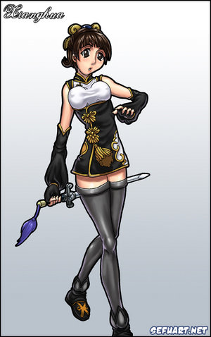 1girl alternate_costume brown_eyes brown_hair chai_xianghua character_name lowres solo soul_calibur soulcalibur soulcalibur_iii speh standing sword thigh-highs weapon zettai_ryouiki
