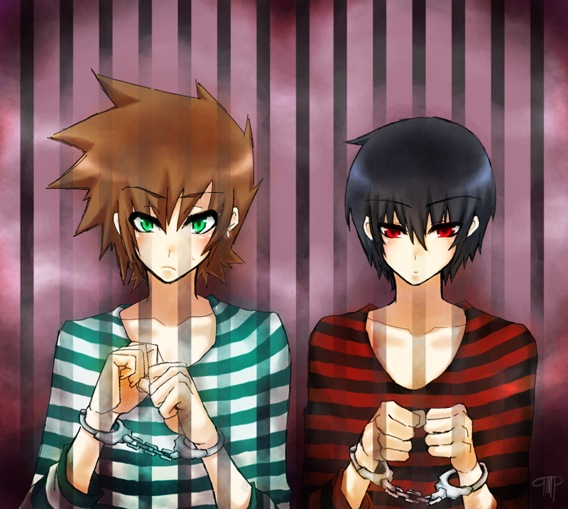 2boys 90s clenched_hand clenched_hands collarbone cuffs fuya_(tempupupu) handcuffs long_sleeves male_focus multiple_boys nintendo no_hat no_headwear object_namesake ookido_green pixiv pokemon pokemon_(game) pokemon_rgby red_(pokemon) red_(pokemon)_(classic) temp_(artist)