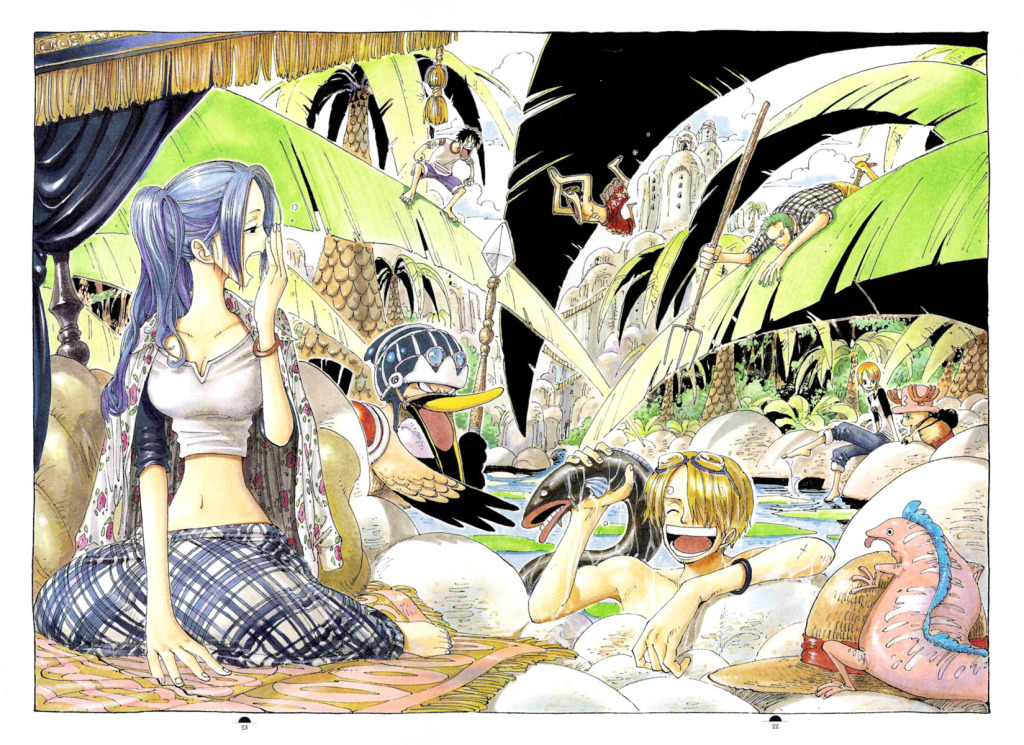 2girls 5boys angry antlers background backpack bag barefoot baseball_tee bird black_hair blonde_hair blue_hair bracelet breasts carue city cityscape cleavage color_spread cover cover_page denim duck eel fishing goggles goggles_on_head green_hair hair_over_one_eye hat jeans jewelry large_breasts lily_pad lizard long_hair medium_breasts midriff monkey_d_luffy multiple_boys multiple_girls nami_(one_piece) navel nefertari_vivi oda_eiichirou official_art one_piece orange_hair palm_tree pants pink_hat pitchfork plaid plaid_shirt plaid_skirt plant polearm princess raglan_sleeves reindeer roronoa_zoro sanji sarong shirt short_hair skirt smile spear straw_hat swim_trunks swimming tony_tony_chopper tree trident usopp water weapon wet yawning yellow_pants