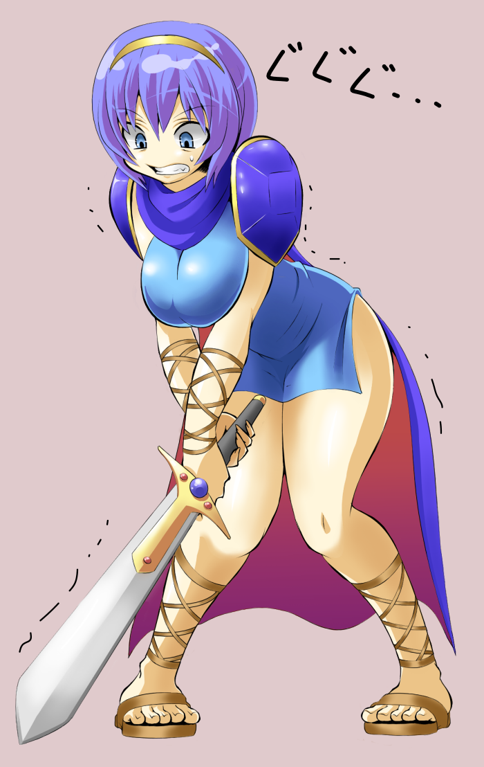 1girl ankle_lace-up armor blue_eyes blue_hair breast_press breast_squeeze breasts cape clenched_teeth cross-laced_footwear curvy feet fire_emblem fire_emblem:_mystery_of_the_emblem genderswap hairband hips kara_age large_breasts leaning_forward marth no_nose sandals short_hair solo sword teeth toes trembling weapon wide_hips