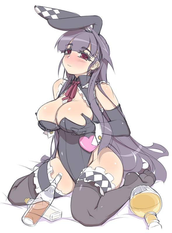 1girl akatsuki_alut alcohol animal_ears bad_id bare_shoulders bottle breast_lift breasts bunny_girl bunnysuit cleavage drunk elbow_gloves gloves liquor long_hair mel/a original purple_hair rabbit_ears red_eyes sitting solo thigh-highs wariza