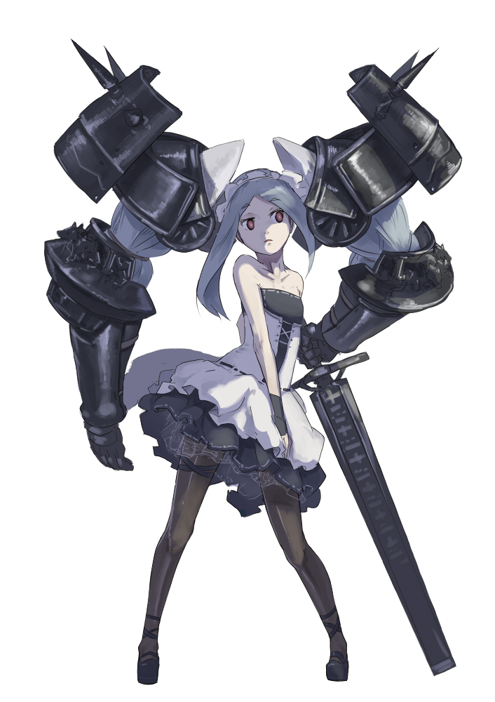 1girl armor armored_twintails bare_shoulders blue_hair corset dress face frills gathers gauntlets hair_ornament jitsu_hidari long_hair original pantyhose prehensile_hair red_eyes simple_background solo sword twintails ukuel weapon