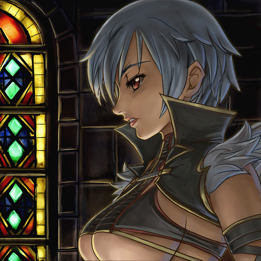 1girl bad_id blue_hair breasts dark_skin hamoto irma large_breasts queen's_blade red_eyes short_hair sideboob solo stained_glass under_boob