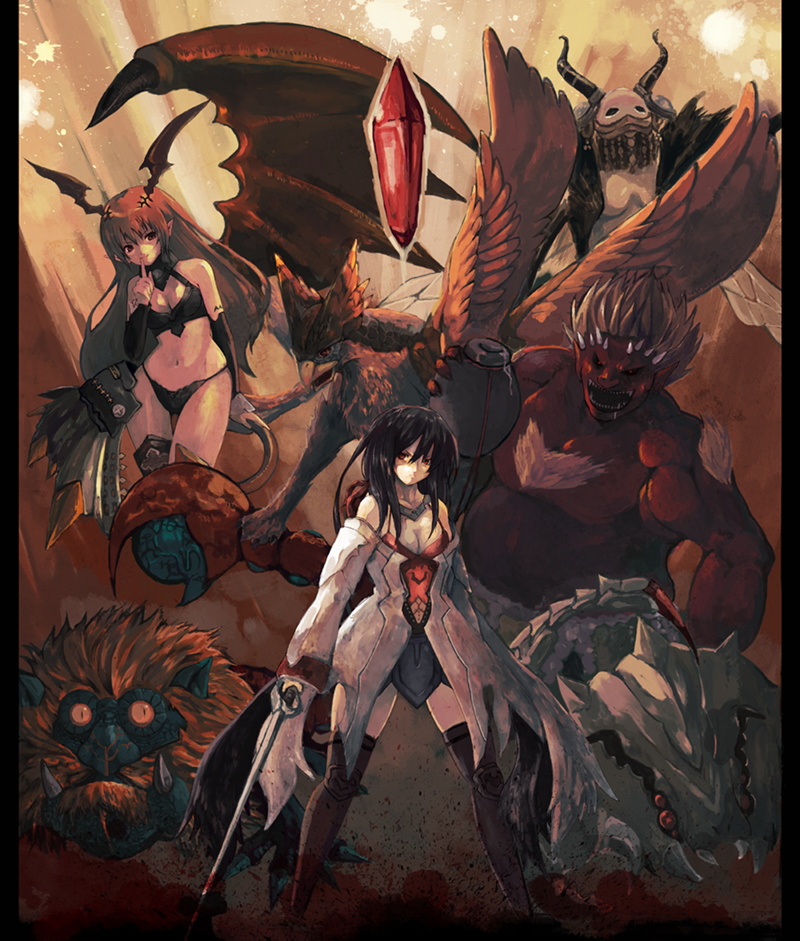 2girls bare_shoulders black_hair boots breasts character_request cleavage crystal demon demon_girl detached_sleeves elbow_gloves gloves jar long_hair lord_of_vermilion midriff milcoco monster multiple_girls navel pointy_ears red_eyes redhead single_wing succubus succubus_(lord_of_vermilion) sword tail thigh-highs thigh_boots weapon wings