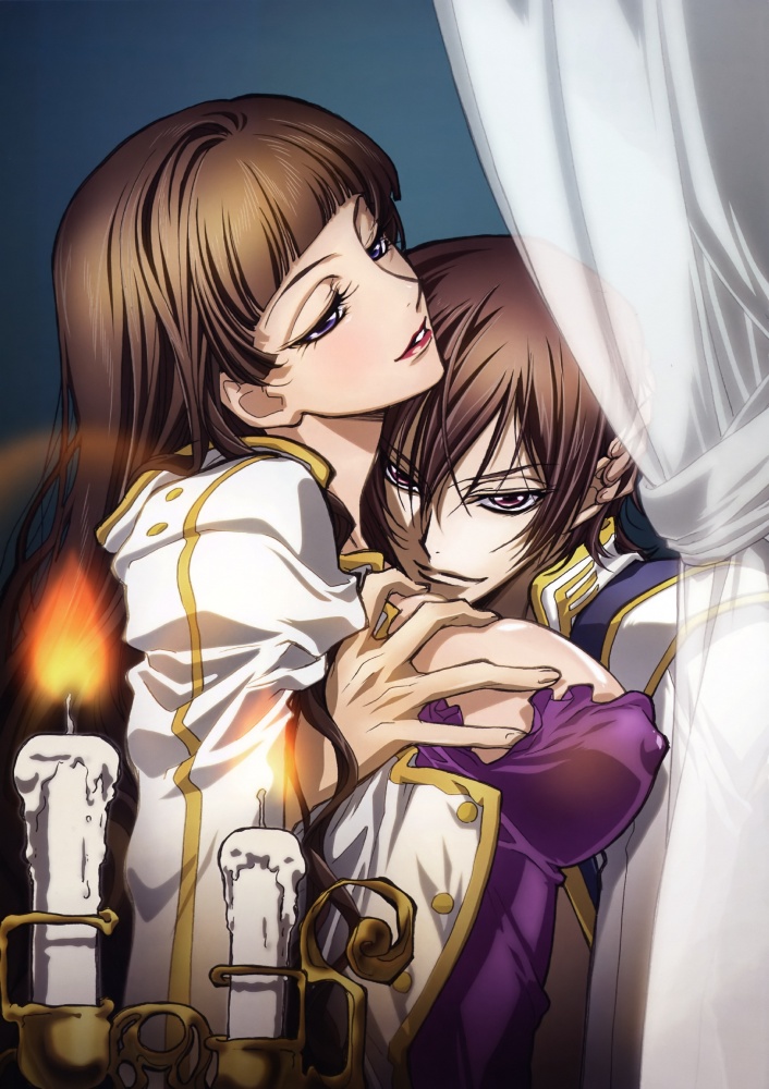 1boy 1girl age_difference artbook blush breast_grab breasts brown_hair candle code_geass couple curtains dress erect_nipples family grabbing happy hug incest jacket large_breasts lelouch_lamperouge lipstick long_hair makeup marianne_vi_britannia mother_and_son nakajima_atsuko naughty_face nipples sideboob sketch smile violet_eyes