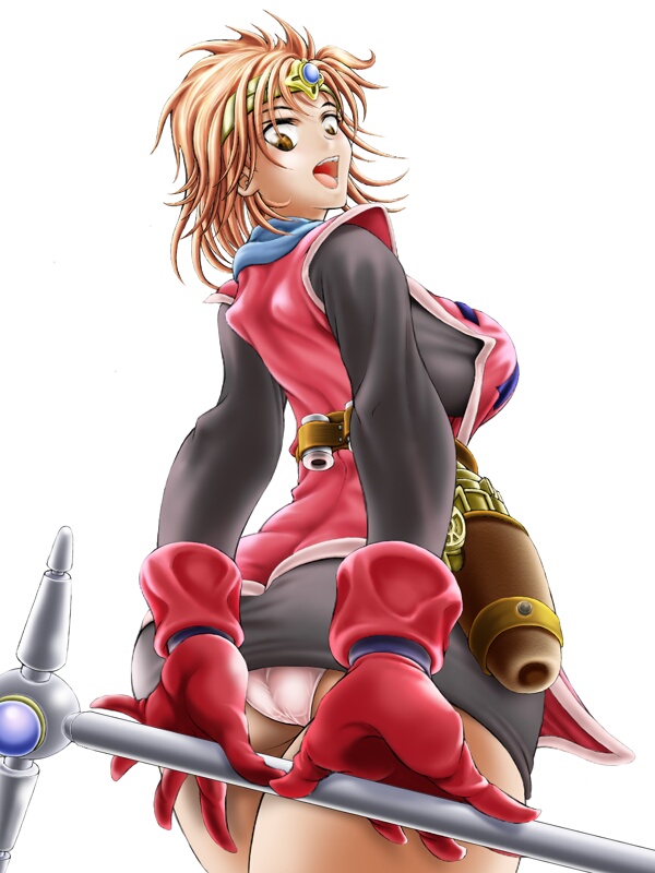 1girl ass breasts brown_eyes brown_hair dragon_quest dragon_quest_dai_no_daibouken foreshortening from_behind gloves gun hands headband holster huge_breasts looking_back maam mafuri_marimo panties pantyshot pink_panties sideboob simple_background solo underwear weapon white_background