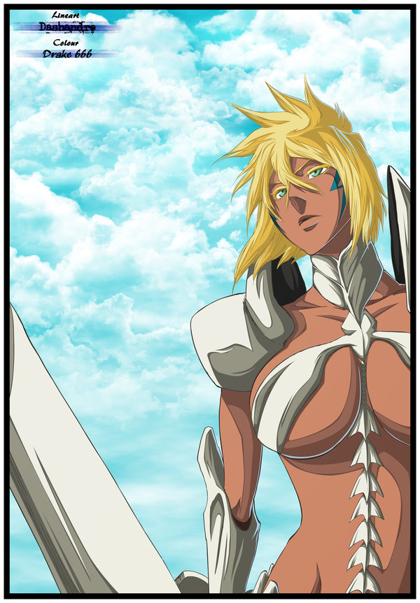 1girl armor arrancar bleach blonde_hair blue_sky bone breasts clouds dark_skin dashandre derivative_work drake---666 espada facial_mark female hollow outdoors resurreccion sky solo sword tier_harribel turtleneck weapon