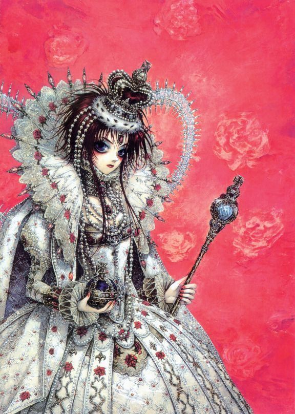 1girl beads bell_line_gown blue_eyes crown dress esther_blanchett eyeshadow flat_chest flower fur gothic gown jewelry lipstick makeup nail_polish neck_ruff official_art puffy_sleeves queen red_nails redhead rose scepter shibamoto_thores solo spoilers trinity_blood