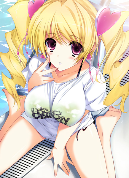 1girl blonde_hair blush breasts clothes_writing cure_peach erect_nipples fresh_precure! hair_ornament heart_hair_ornament iizuki_tasuku large_breasts magical_girl momozono_love open_mouth pool precure shirt solo swimsuit t-shirt twintails