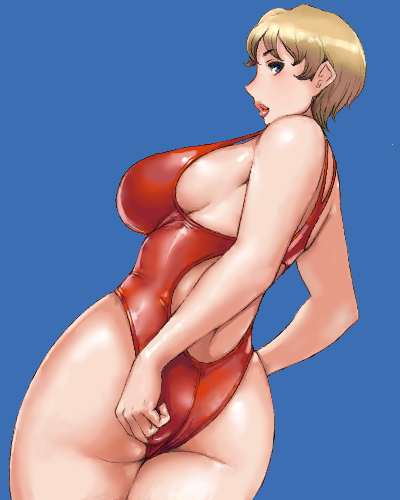 1girl ass backboob blonde_hair blue_background blue_eyes breasts competition_swimsuit huge_ass huge_breasts lowres matoyama one-piece_swimsuit short_hair sideboob solo swimsuit
