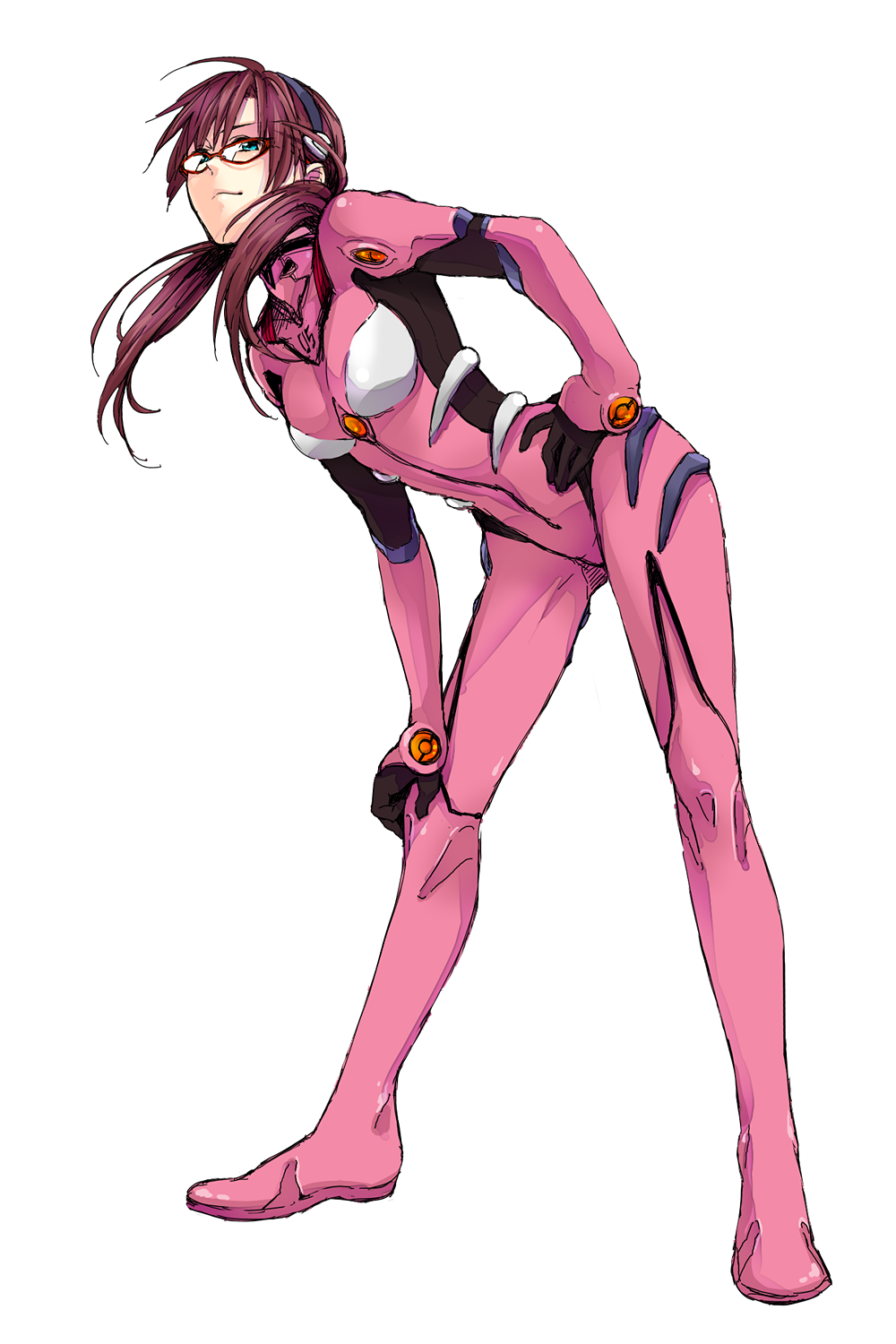 1girl bad_id blue_eyes brown_hair evangelion:_2.0_you_can_(not)_advance glasses green_eyes hairband hand_on_hip hand_on_knee hand_on_own_knee highres leaning_forward long_hair makinami_mari_illustrious neon_genesis_evangelion plugsuit rebuild_of_evangelion red-framed_glasses simple_background solo todoroki_sora twintails