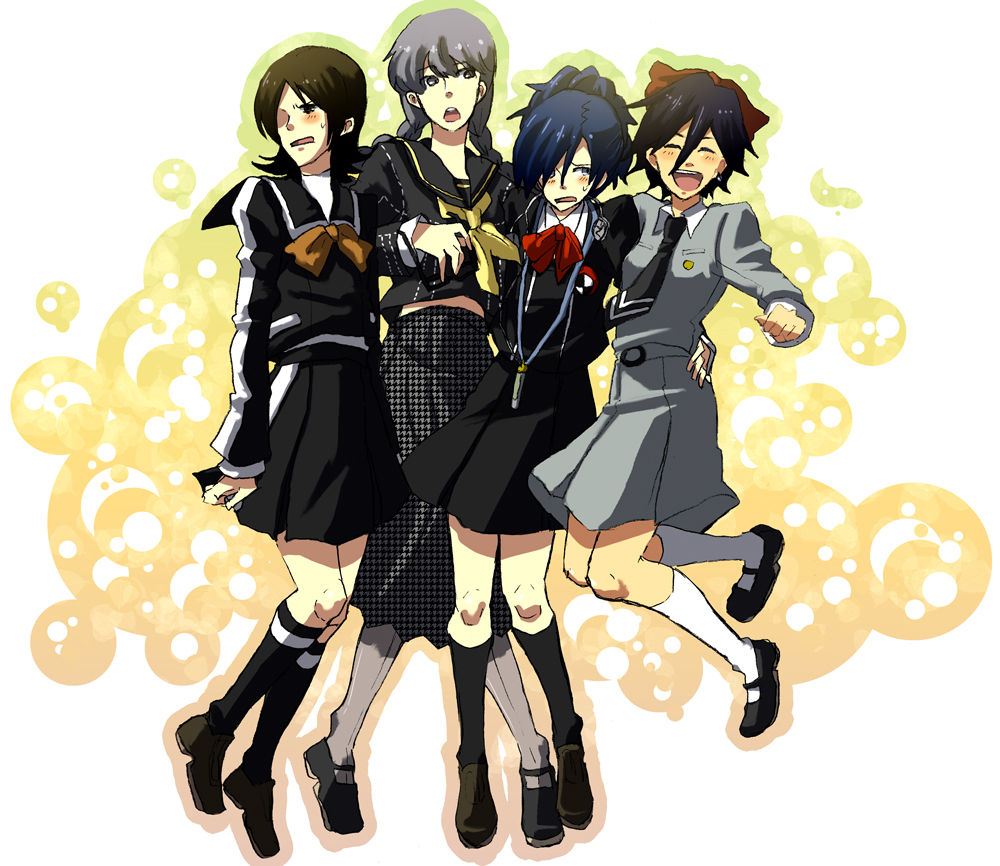 4boys ^_^ arisato_minato atlus braid closed_eyes crossdressinging crossover genderswap hair_ribbon headphones hosuke multiple_boys narukami_yuu necktie pantyhose persona persona_1 persona_2 persona_3 persona_4 ribbon school_uniform skirt suou_tatsuya toudou_naoya trap twin_braids yuuki_makoto