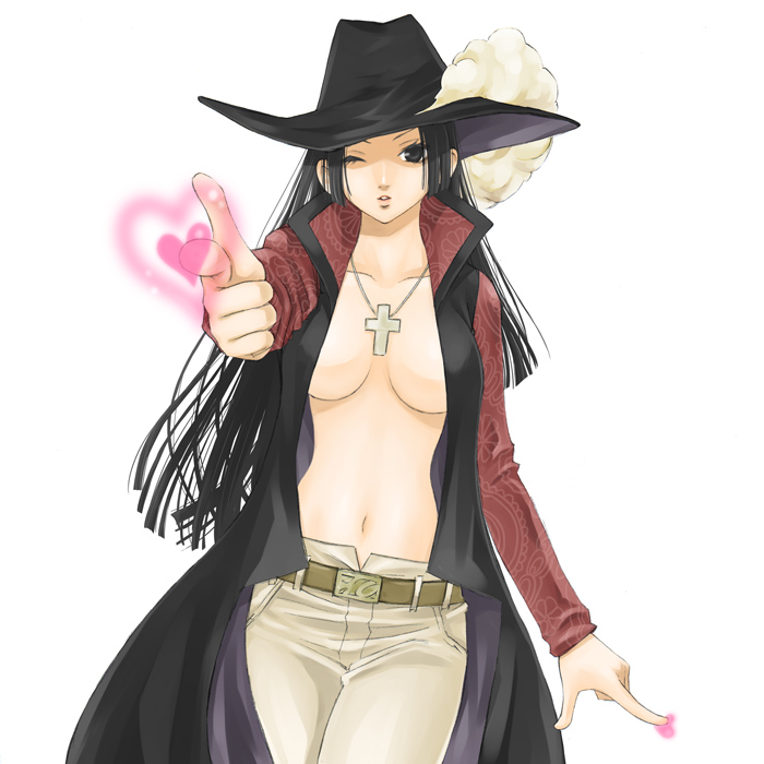 1girl amazon belt black_eyes black_hair boa_hancock breasts cleavage coat cocotri cosplay cross dracule_mihawk dracule_mihawk_(cosplay) female finger_gun hat heart jewelry lining long_hair necklace no_bra one_eye_closed one_piece open_clothes open_shirt shichibukai shirt solo topless weapon wink