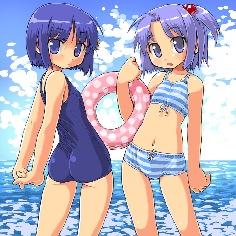 2girls 98-tan 98se-tan arms_behind_back ass beach bikini blue_eyes blue_hair bob_cut child clouds day dd_(ijigendd) hair_bobbles hair_ornament hairpin horizon innertube looking_at_viewer looking_back midriff multiple_girls navel ocean one-piece_swimsuit os-tan outdoors ponytail purple_hair school_swimsuit short_hair side_ponytail sky striped striped_swimsuit swimsuit violet_eyes water