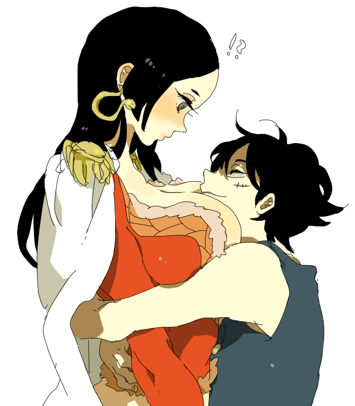 !? 1boy 1girl amazon amazon_lily between_breasts black_hair blush boa_hancock breast_smother breasts cleavage earrings height_difference hug huge_breasts jacket_on_shoulders jewelry kinako_(marubotan) long_hair monkey_d_luffy one_piece scar shichibukai size_difference