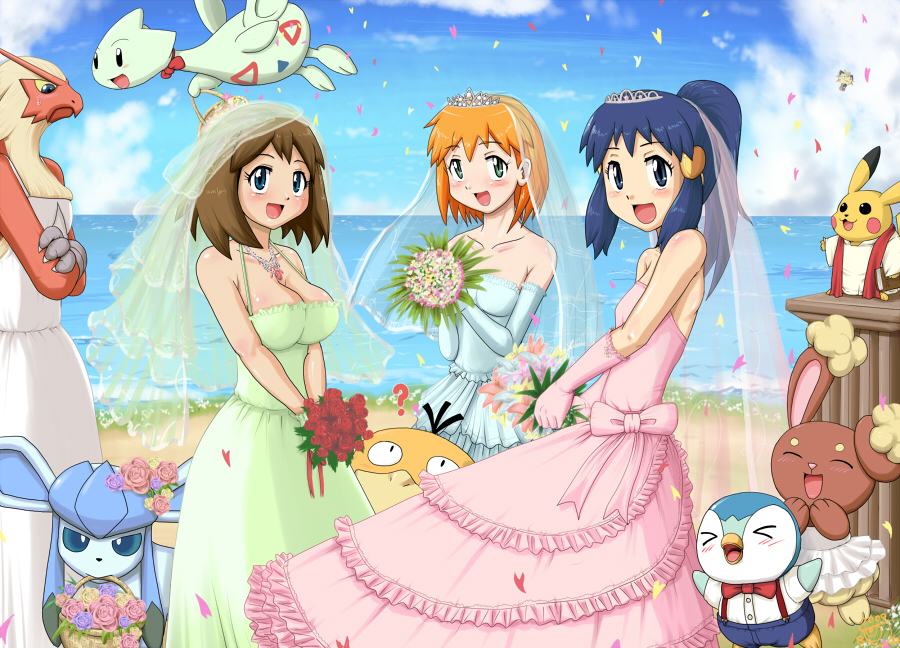 &gt;_&lt; 3girls :d ? alternate_breast_size alternate_costume alternate_hairstyle alternate_headwear balloon bare_shoulders beach blaziken blue_eyes blue_hair blush body_blush bouquet breasts bridal_veil bride brown_hair buneary cleavage closed_eyes clothed_pokemon clouds collarbone confetti dress elbow_gloves flat_chest flower frilled_dress frills glaceon gloves gouguru green_dress green_eyes gym_leader happy haruka_(pokemon) hikari_(pokemon) holding hot_air_balloon jewelry kasumi_(pokemon) large_breasts long_hair looking_at_viewer meowth mouth_hold multiple_girls necklace nintendo ocean open_mouth orange_hair outdoors petals pikachu pink_dress piplup pokemon pokemon_(anime) polygamy ponytail psyduck rose short_hair smile standing team_rocket tiara togetic veil water wedding wedding_dress what