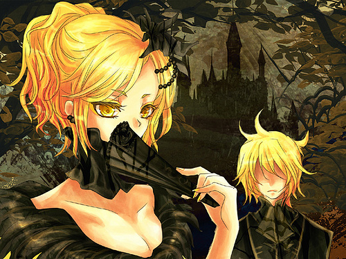 1boy 1girl aku_no_musume_(vocaloid) blonde_hair breasts brother_and_sister cleavage collarbone evillious_nendaiki kagamine_len kagamine_rin lowres medium_breasts siblings twins vocaloid