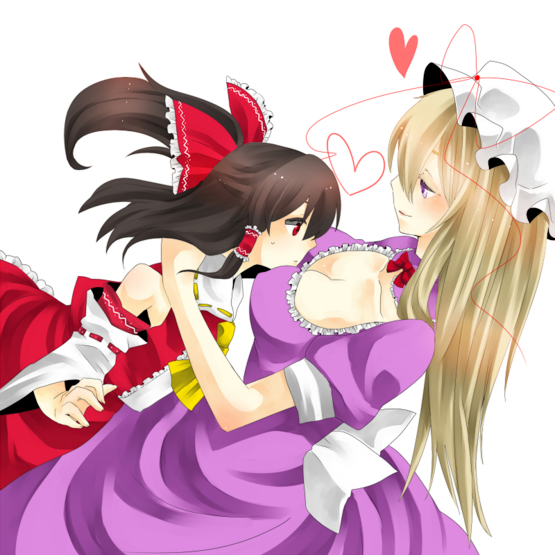 2girls bad_id bare_shoulders blonde_hair breasts brown_hair cleavage detached_sleeves female hakurei_reimu hat japanese_clothes large_breasts miko multiple_girls red_eyes touhou violet_eyes yakumo_yukari yuri yutazou