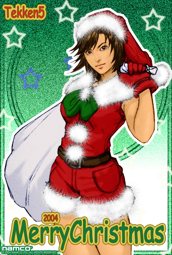 00s 1girl 2004 belt brown_eyes brown_hair christmas female hat kazama_asuka sack santa_costume santa_hat short_hair shorts solo star tekken tekken_5