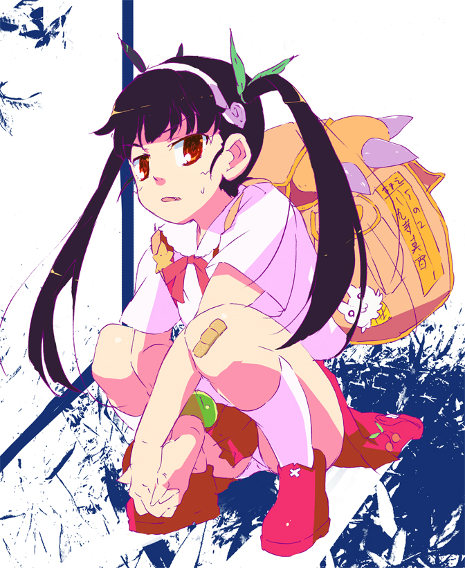 1girl backpack bag bakemonogatari bandaid bandaid_on_knee female full_body hachikuji_mayoi kitano_yuusuke monogatari_(series) panties randoseru skirt solo squatting twintails underwear