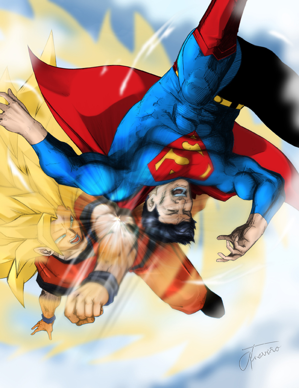 2boys abs albert217 armband aura battle black_hair blonde_hair blue_eyes cape clenched_hand closed_eyes crossover dc_comics dragon_ball dragon_ball_z flying green_eyes long_hair male_focus manly multiple_boys muscle open_mouth punching red_cape red_shoes s_shield shoes short_hair signature skin_tight son_gokuu super_saiyan super_saiyan_3 superman superman_(series) teeth very_long_hair wristband