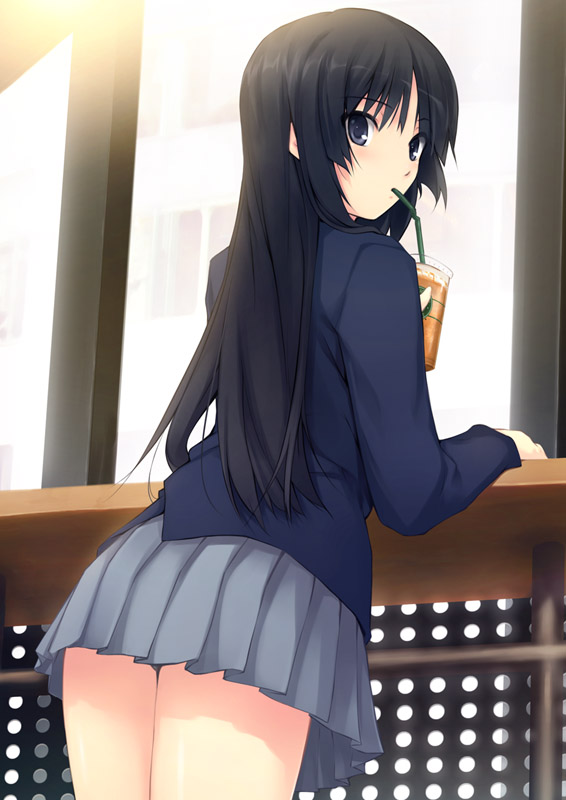 1girl akiyama_mio black_eyes black_hair blazer coffee-kizoku female from_behind indoors k-on! long_hair looking_back pleated_skirt school_uniform sipping skirt solo