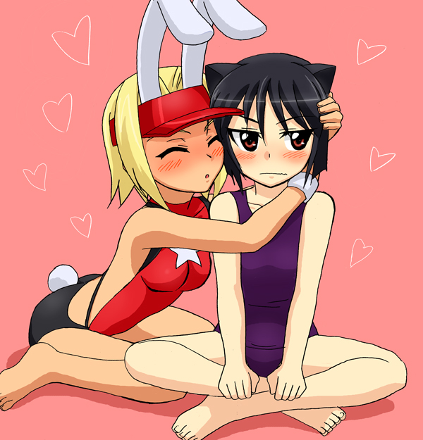 2girls animal_ears aq_interactive arcana_heart arcana_heart_2 atlus barefoot black_hair blonde_hair blush bunny_tail cat_ears cat_tail catherine_kyoubashi closed_eyes daidouji_kira dark_skin examu flat_chest hand_on_head heart hug incipient_kiss indian_style multiple_girls nervous one-piece_swimsuit open_mouth rabbit_ears red_eyes school_swimsuit short_hair sitting star swimsuit tail visor wristband yanagi_kawa yuri