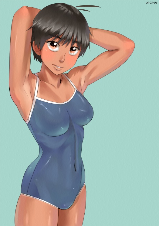1girl ahoge aqua_background armpits arms_up ayumu_(zenkou) blush brown_eyes brown_hair covered_navel cowboy_shot dated head_tilt one-piece_swimsuit original parted_lips ribs short_hair simple_background skin_tight skindentation smile solo standing swimsuit tan zenkou