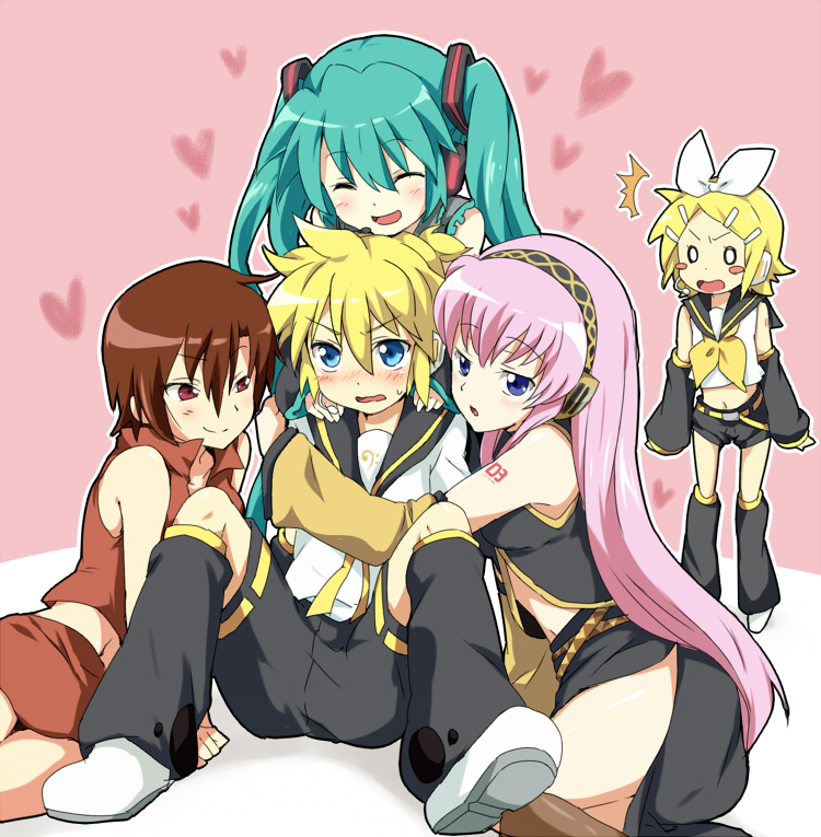 1boy 4girls aqua_hair bad_id bare_shoulders blonde_hair blue_eyes blush blush_stickers breasts brown_hair closed_eyes detached_sleeves girl_sandwich hairband happy harem hatsune_miku headphones heart hug kagamine_len kagamine_rin long_hair maruki_(punchiki) megurine_luka meiko midriff multiple_girls navel open_mouth pink_hair red_eyes sandwiched shoes short_hair short_shorts shorts sitting smile surprised twintails very_long_hair vocaloid