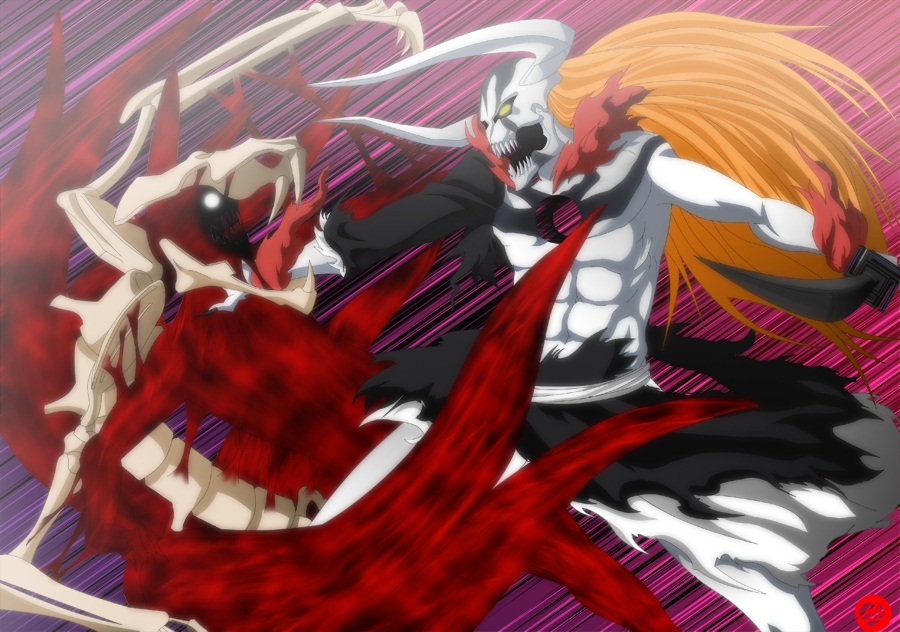 artist_request bankai battle bleach blonde_hair bone company_connection crossover epic fighting glowing glowing_eyes hollow_ichigo horns katana kurosaki_ichigo kyuubi kyuubi_(naruto) long_hair male_focus monster multiple_tails naruto orange_hair shirosaki_hichigo shounen_jump skeleton skull spine sword tail troll uzumaki_naruto weapon