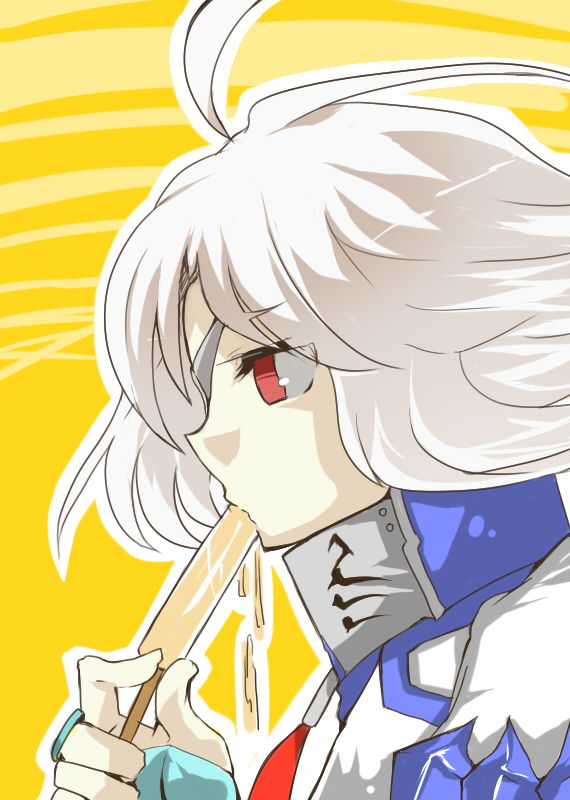 ahoge arc_system_works bad_id blazblue braid eyepatch nu-13 popsicle profile red_eyes taria white_hair