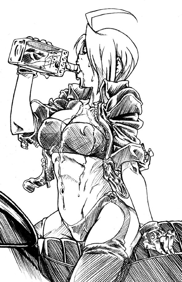 1girl ahoge angel_(kof) chaps crop_top drinking drooling fingerless_gloves gloves ground_vehicle jacket king_of_fighters midriff monochrome motor_vehicle motorcycle navel short_hair snk solo the_king_of_fighters vehicle