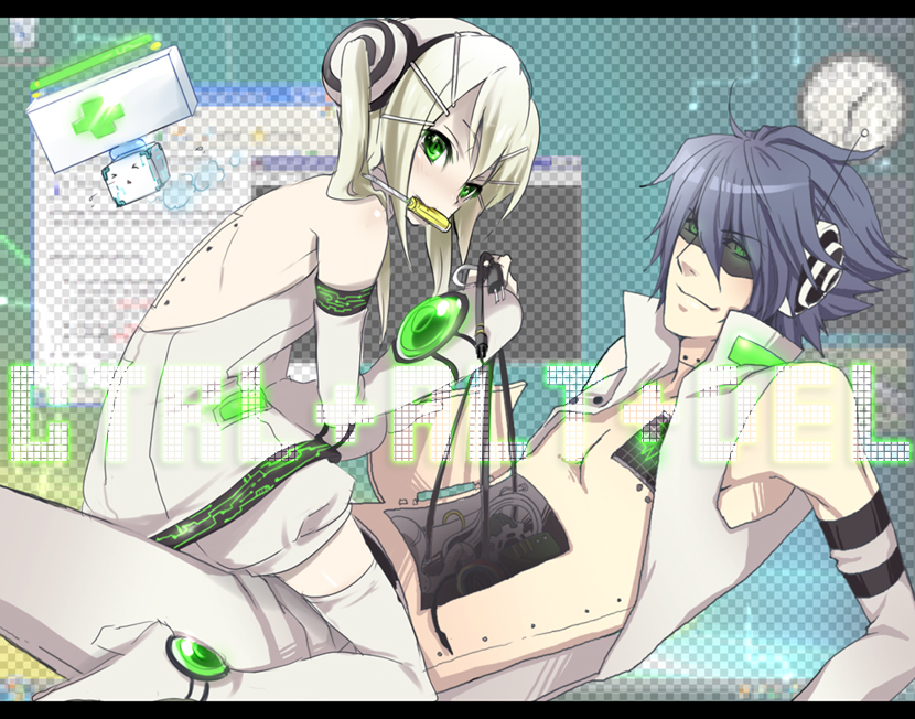 &gt;_&lt; 1boy 1girl black_hair blonde_hair blush boots cable closed_eyes cyborg green_eyes kl mouth_hold open_clothes open_shirt original robot screwdriver shirt short_hair thigh-highs thigh_boots twintails