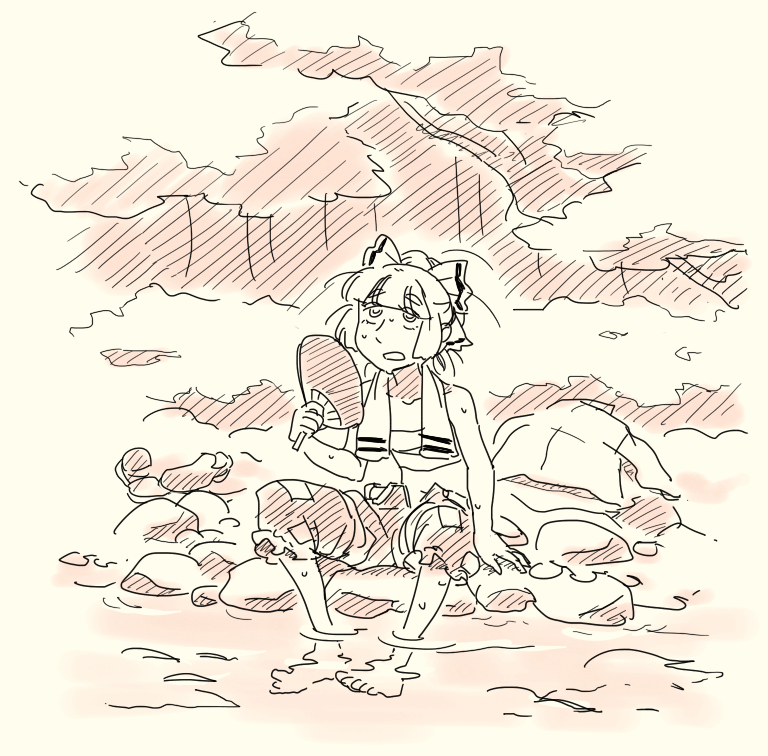 1girl alternate_hairstyle barefoot fan feet_in_water female fujiwara_no_mokou hair_up hot mitsumoto_jouji monochrome no_shirt pink sarashi sitting sketch soaking_feet solo sweat topless touhou water yellow_background