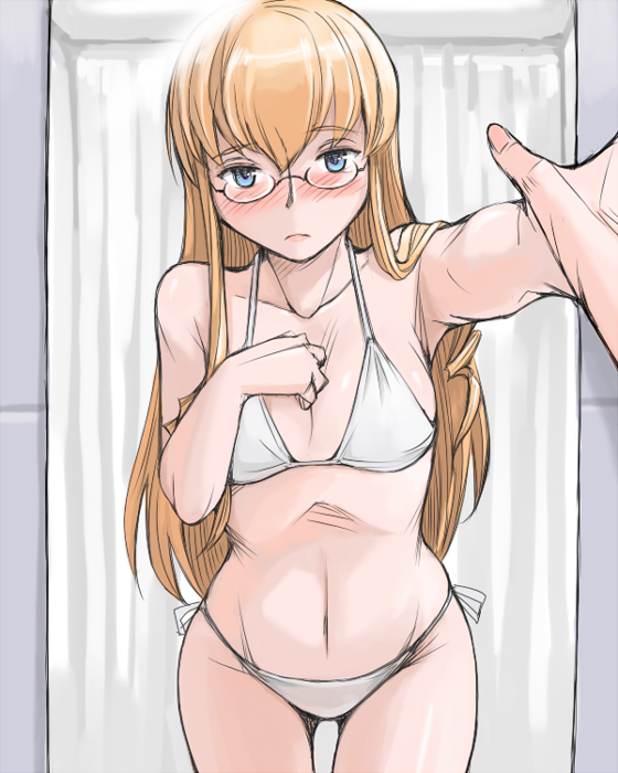 00s 1girl bikini blonde_hair blue_eyes blush breast_envy breasts female_pov flat_chest glasses mirror older pov reflection rozen_maiden shinku side-tie_bikini solo swimsuit tsuda_nanafushi